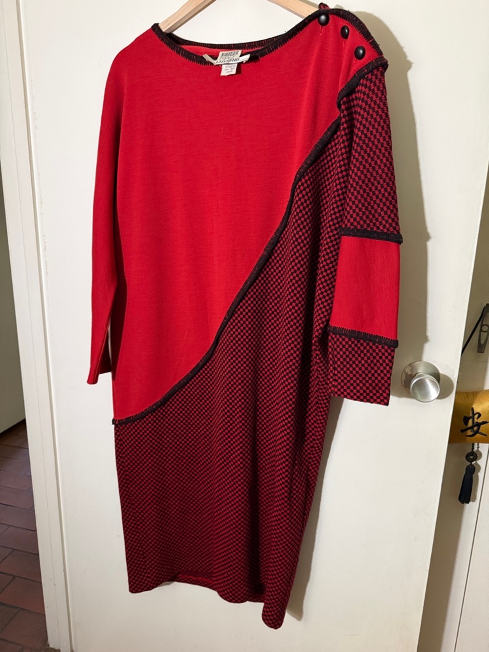 Women's Red Two-Tone Knit Midi Dress with Button-Shoulder Detail